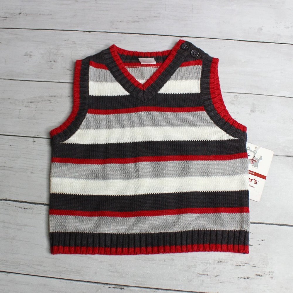 Carter's Baby Boy's Sleeveless Sweater Vest Size 6 Months Red Gray White